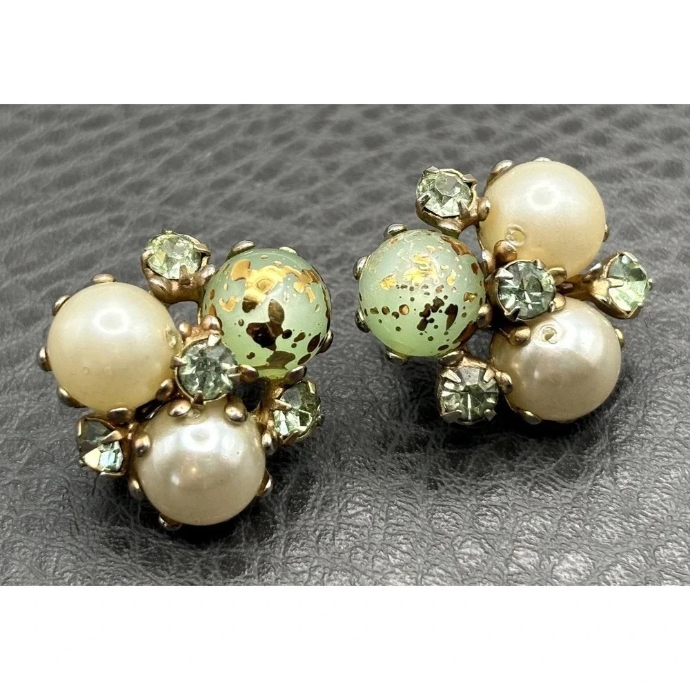 Vintage Faux Pearl Speckled Green Bead Rhinestone Cluster Clip On Earrings